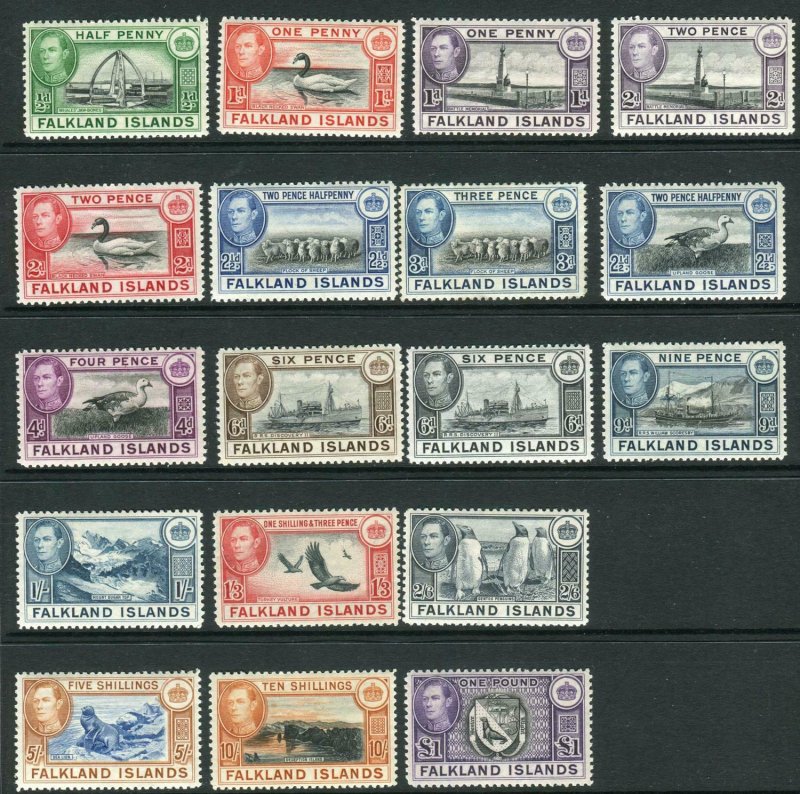 FALKLAND ISLANDS-1938-50  A mounted mint set to £1 Sg 146-163