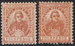 NEW SOUTH WALES 1905 CAPTAIN COOK 4D BOTH SHADES WMK CROWN/A