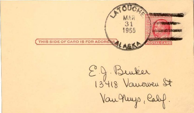 United States Alaska Latouche 1955 4f-bar  Type 7  1905-1955  Postal Card  Ph...