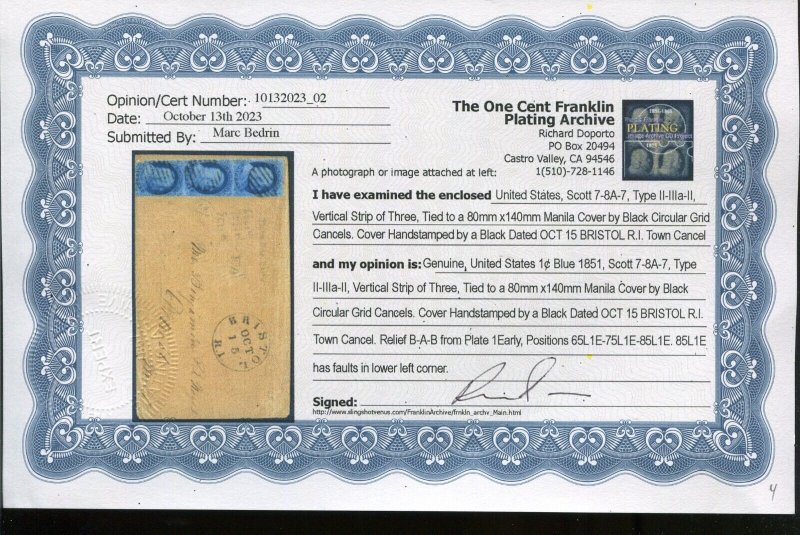 7-8A-7 Franklin Type II-IIIa-II Strip of 3 Stamps On Cover w/Doporto Cert LV5481