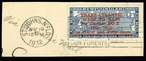 Newfoundland C12 $275, 1932 $1.50 on $1, used on small piece v.f., with 1989 PFC