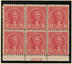 1923 Jefferson 9c rose Sc 561 MNH full original gum, plate block of 6