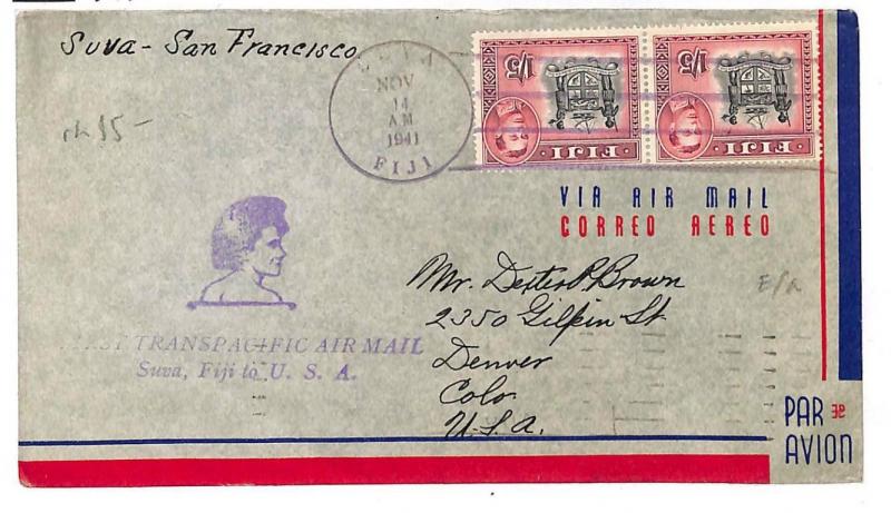 K31 1941 FIJI WW2 *Trans-Pacific Airmail*Cachet First Flight Cover USA{samwells}