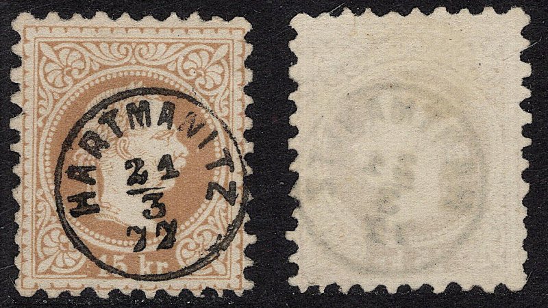 Austria - 1877 - Scott #38 - used - s.o.n. HARTMANITZ thimble pmk Czech Republic
