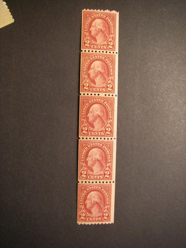 Scott 606, 2 cent vertical Washington, MNH strip of 5, Nice Early Coil Strip