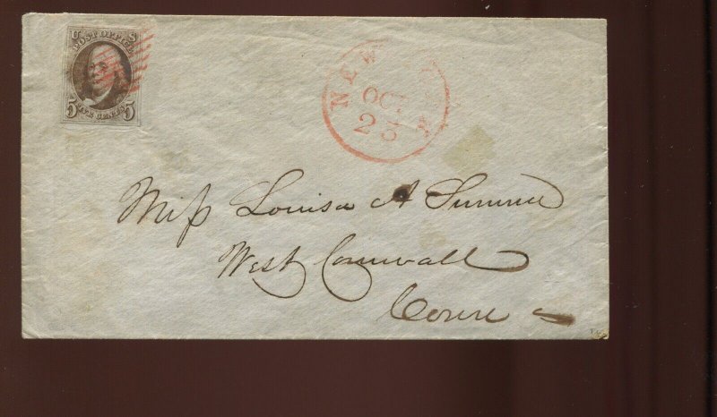 1 Franklin Imperf Used Stamp on Cover NY to West Cornwall CT (LV 1631) 