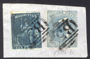 Mauritius 1859 6d Blue+1860 2d Blue noWmk Scott 18&25 SG 32&47 VFU PieceCat$117