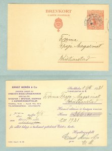Sweden. 1921. Stationery, Commercial Stockholm. 10 Ore King. Adr: Kristianstad