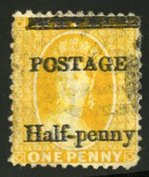 Natal #61a (SG 91b) Cat£200, 1877 1/2p on 1p yellow, double surcharge, used,...