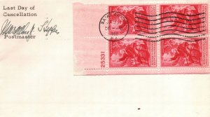 SCOTT #1073 PLATE BLOCK ON LAST DAY OF CANCELLATION SIGNED BY POSTMASTER 1956