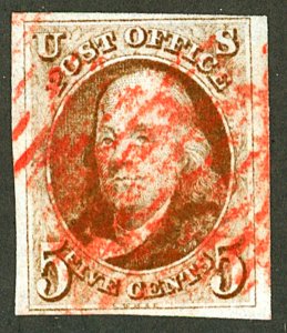 U.S. #1 USED WITH PF CERT RED GRID CANCEL