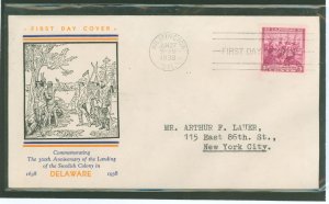 US 836 1938 3c Delaware/300th anniversary of the Colony (single) on an addressed first day cover with a Holland/Fidelity cachet.