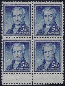 1038 - Scarce Miscut Gutter Snipe Error / EFO Block of 4 James Monroe Mint NH