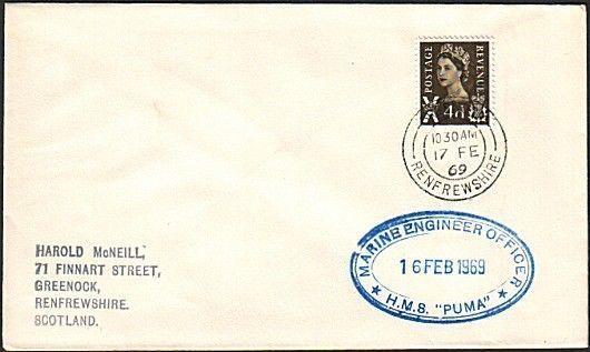 GB SCOTLAND 1969 cover HMS PUMA navy ship cachet - Greenock cds............13763