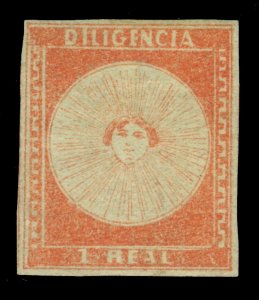 URUGUAY 1856  DILIGENCIAS  1r vermilion  Scott # 2  mint MH SUP aspect