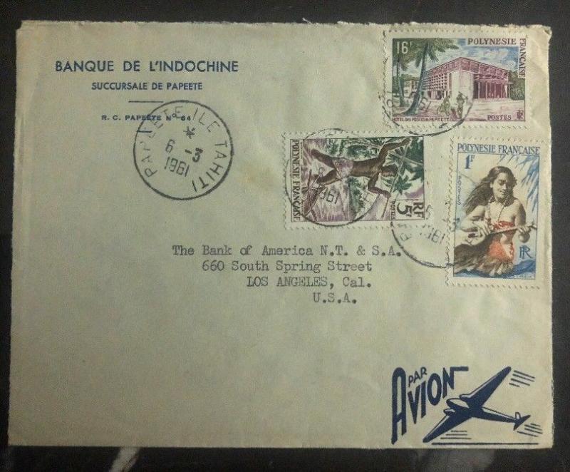 1961 Papeete Tahiti French Polynesia Bank Of Indochina Cover To Los Angeles USA