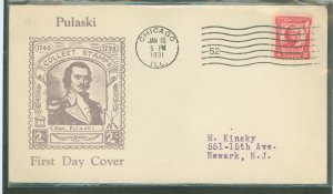 US 690 1931 2c General Pulaski Commemorative (single) on an addressed FDC with a Roessler cachet - Chicago, IL cancel