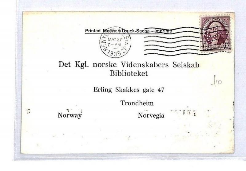 CQ207 USA COLUMBIA UNIVERSITY Card *CU* PERFIN Norway Library {samwells-covers}