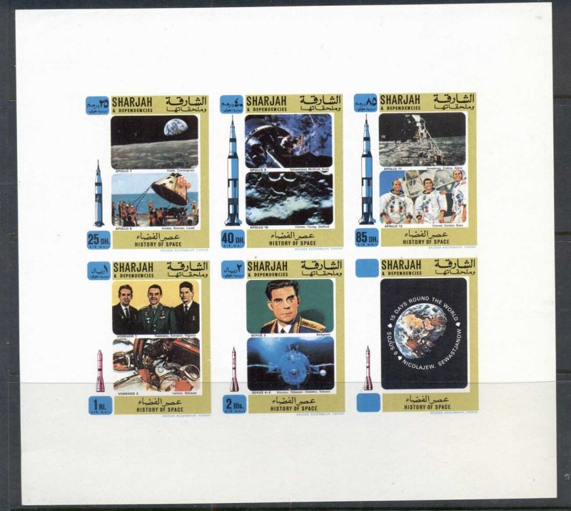 Sharjah 1970 Mi#701-705 History of Space Research (III) sheetlet IMPERF MUH