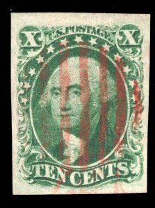 MOMEN: US STAMPS #15 USED RED GRID CANCEL XF WEISS CERT LOT #89323