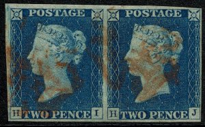 GB 1840 2d Blue HI/HJ Plate 1. Fine used pair with red Maltese cross cancel.