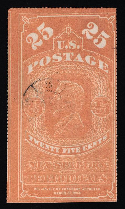 REFERENCE SCOTT #PR3 USED 1865 ORANGE RED READ YELLOW LISTING  IF GENUINE $2500