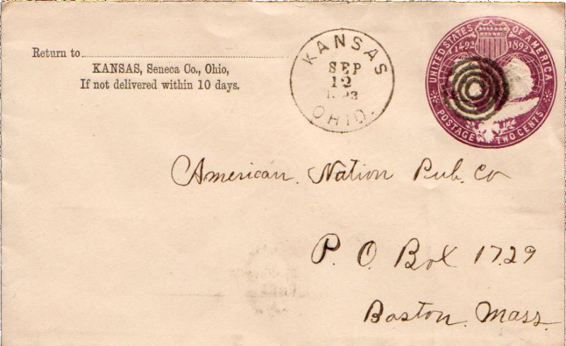 United States Ohio Kansas 1893 target  2c Columbian Envelope.