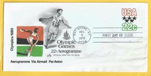 US #UC52 22c FDC Olympics - Discus Thrower