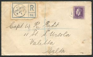 New Zealand 1923 4d GV Recess used on reg cover Umutoi to Malta 2/10/1923