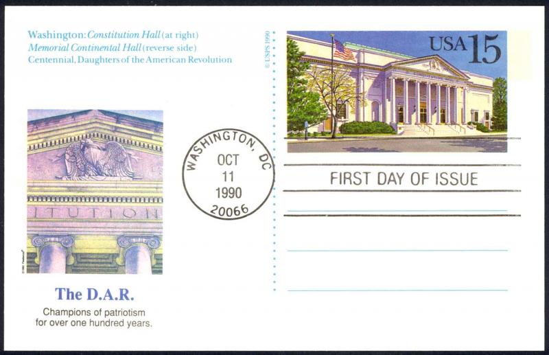 USA Sc# UX151 (Fleetwood) FDC Postal Card (Washington, DC) 1990 10.11 The D.A.R.