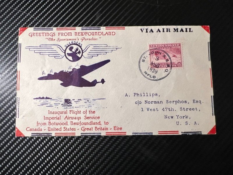 1939 Newfoundland Imperial Airmail Cover St Johns NFLD to New York NY USA