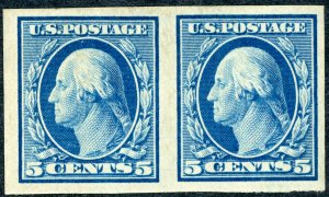 #347 – 1909 5c Washington, blue.  Pair. MH OG