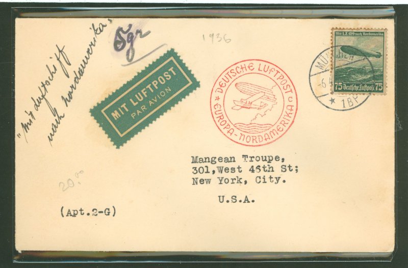 Germany C58 1936 This May 6 cacheted cover was carried aboard the Hindenburg airship (LZ129) on its first trip to North America