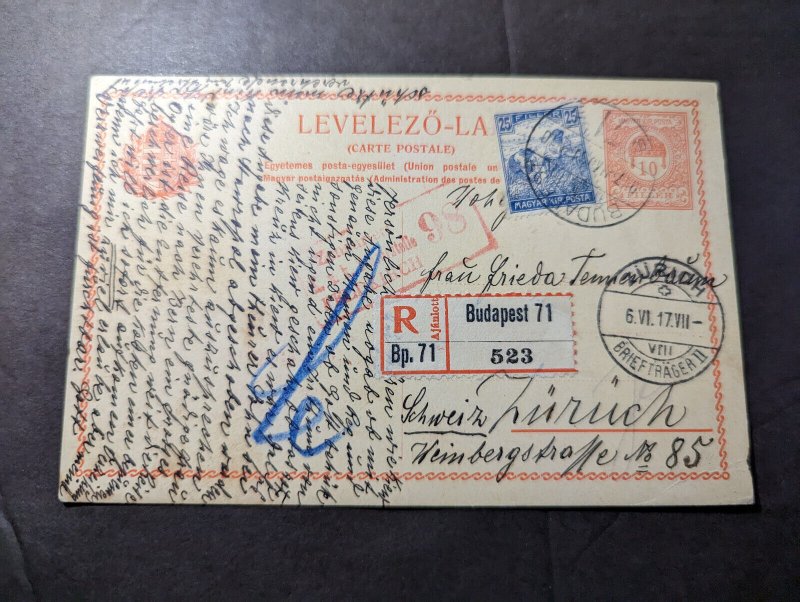 1917 Registered Hungary Postcard Cover Budapest to Zurich Switzerland