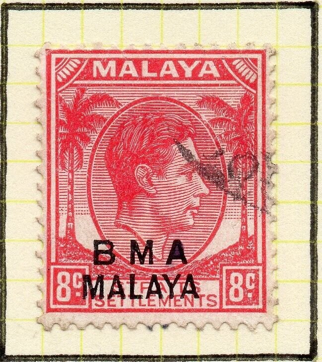 Malaya Straights Settlements 1945 Early Shade of Used 8c. BMA Optd 307994