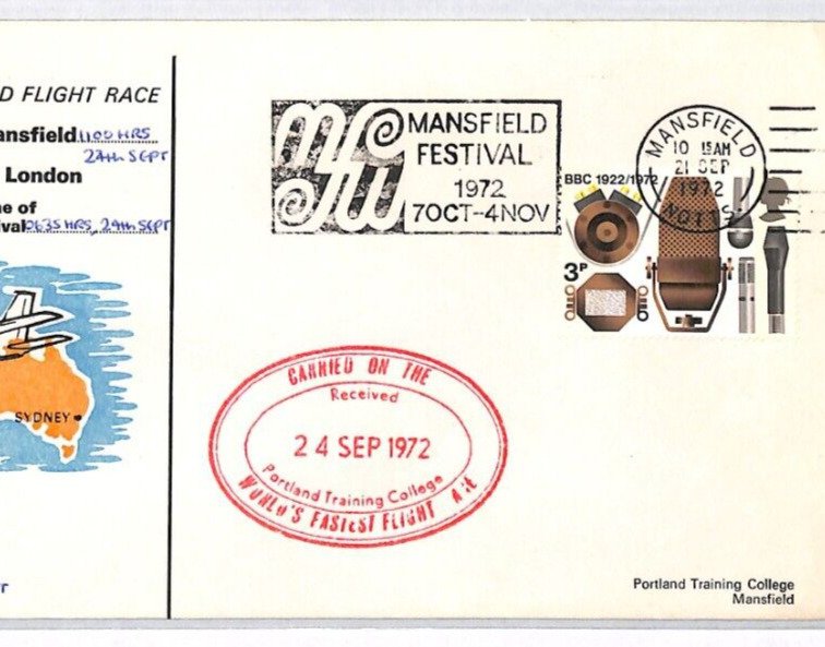 GB Notts Air Mail Cover FASTEST ROUND WORLD FLIGHT RACE *Signed* 1972 Pilot MJ39