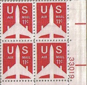 1971 Jet Airmail Plate Block of 4 11c Postage Stamps -Sc# C78 - MNH,OG