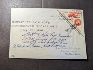 1936 USA Trial Flight Rocket Mail #1 Cover to McAllen TX Pilot Signed 28 of 41