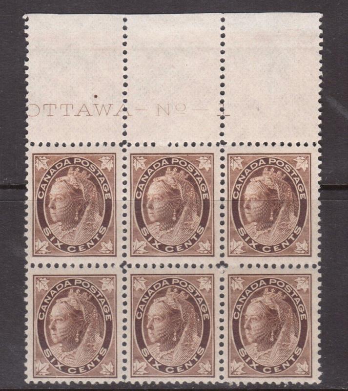 Canada #71 Very Fine Never Hinged Plate #1 Top Block Of Six