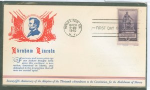 US 902 1940 3c Thirteenth Amendment Anniversary (Lincoln) single on an unaddressed FDC with an Linprint Cachet