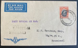 1934 Salisbury Rhodesia First Flight Airmail Cover FFC To Limbe Nyasaland