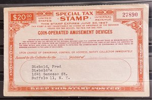 U.S.- Tax Stamp- Amusement Devices- Buffalo NY- 1947