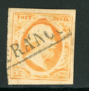 Netherlands 1852 First Issues 15¢ Orange Imperf Sc #3 VFU D827