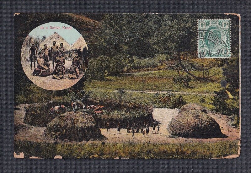 TRANSVAAL 1913 ‘IN A NATIVE KRAAL’ POSTCARD JOHANNESBURG TO LONDON UK