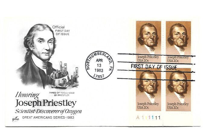 2038 Joseph Priestley, ArtCraft plate block, FDC