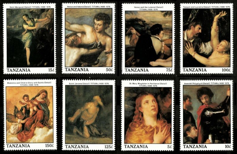 Tanzania 1990 - Titian Paintings Art - Set of 8 Stamps - Scott #508-15 - MNH