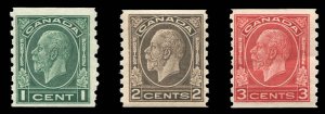 Canada #205-207 Cat$91, 1933 George V, coil set of three, never hinged, 3c wi...