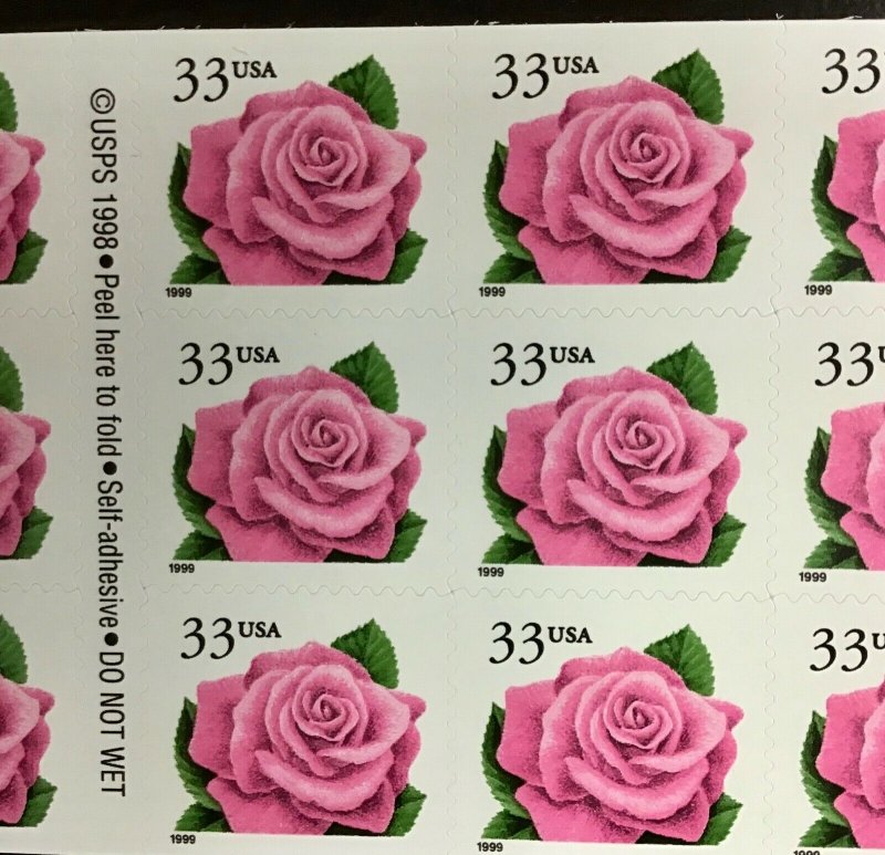 3052d  Love Stamps Coral Pink Rose 33 c  pane of 20 S2222 FV $6.60