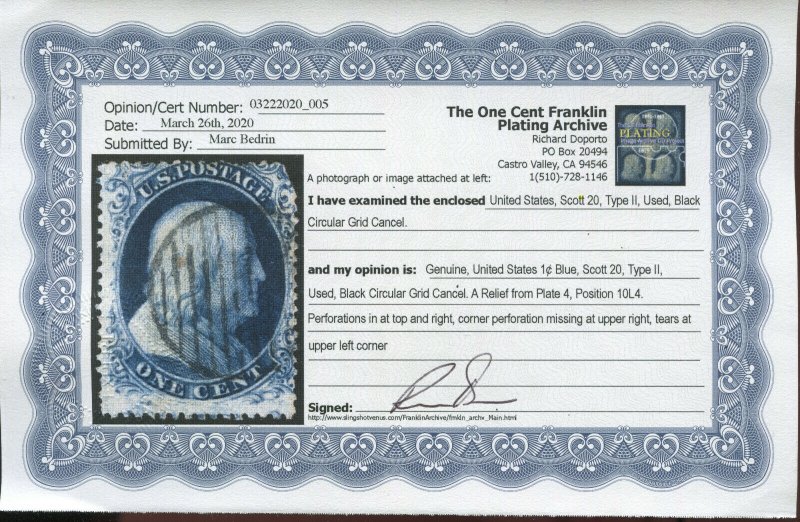 Scott 20 Franklin Used Stamp Plate 4 Pos.10L4 w/Doporto Cert (Stock 20-D10)