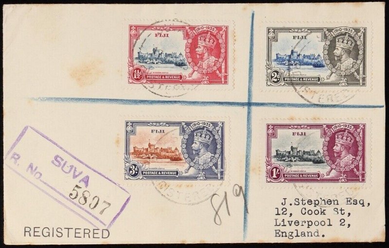 FIJI 1936 Registered cover franked KGV Silver Jubilee set. To England.